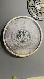 Laden und Abspielen von Videos im Galerie-Viewer, Wanduhr 80 cm silber anthrazit Zahnrad Industrial Zahnräder drehend römische Zahlen
