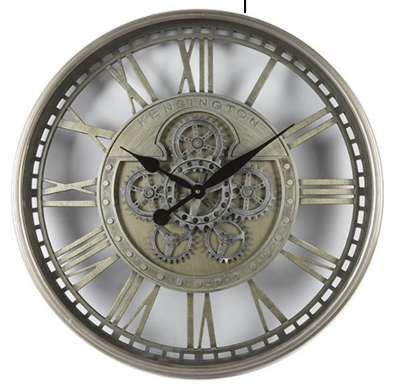 70 cm KENSINGTON Wanduhr Zahnrad Zählwerk Animation silber grau messing