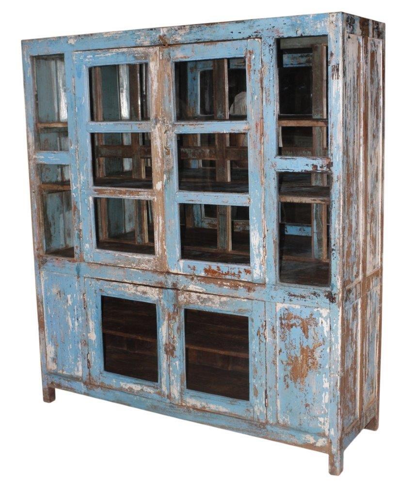 India Schrank Antik mit Glastüren, Blau, 297415