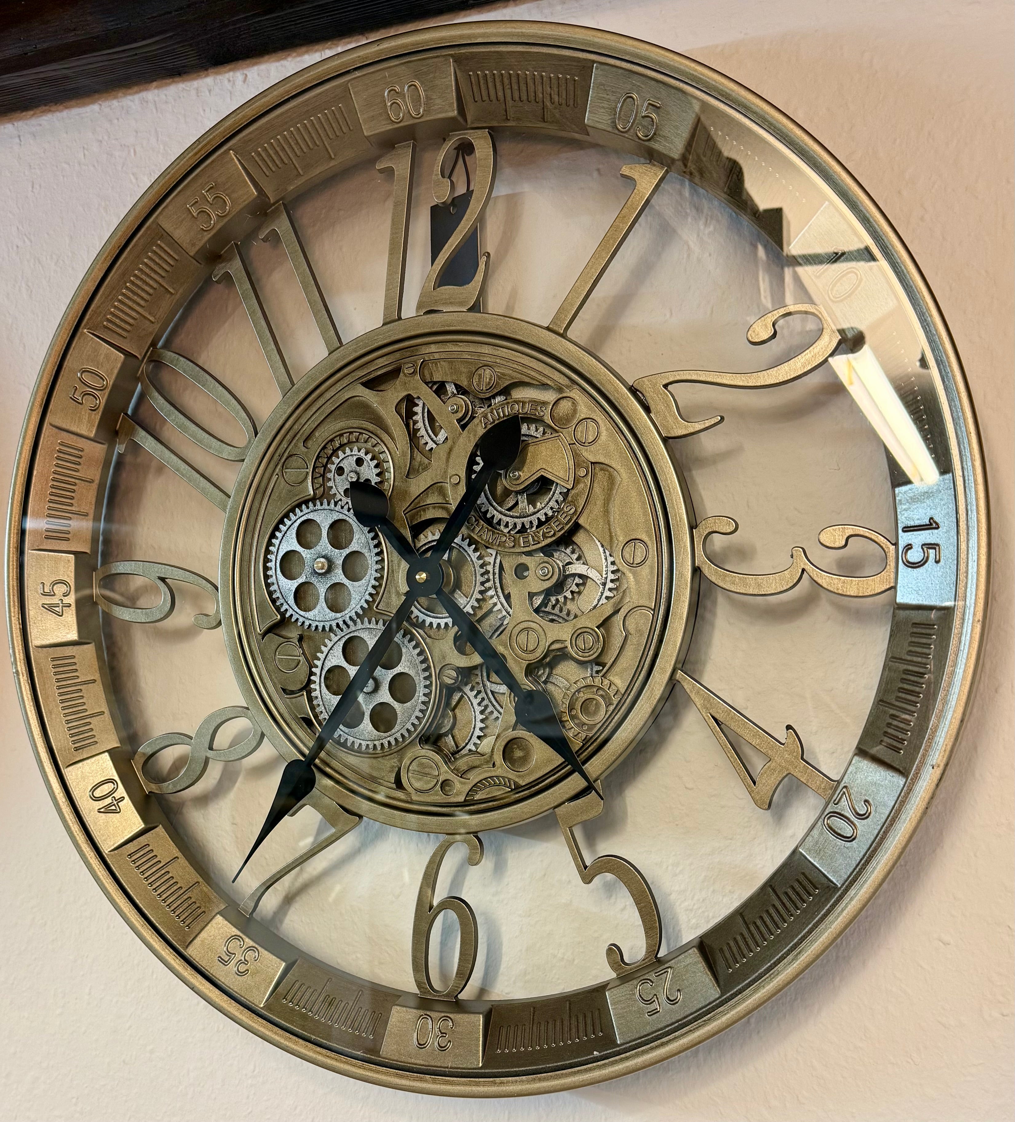 Wanduhr Brüssel 55 cm mit Animation antik-silber messing drehende Zahnräder Industrial Zahnräder