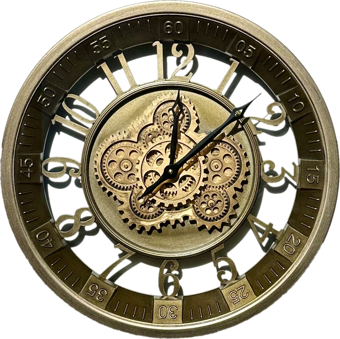 Messing Metall Wanduhr 46 cm mit sich drehenden Zahnrädern und einer Glasscheibe