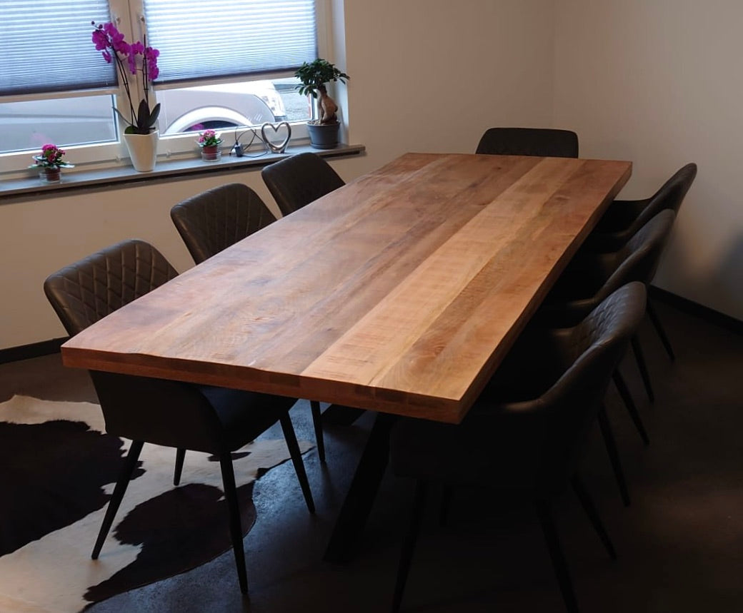 Table de salle à manger Denber en bois de manguier de 160 à 300 cm en 6 cm avec piètement araignée