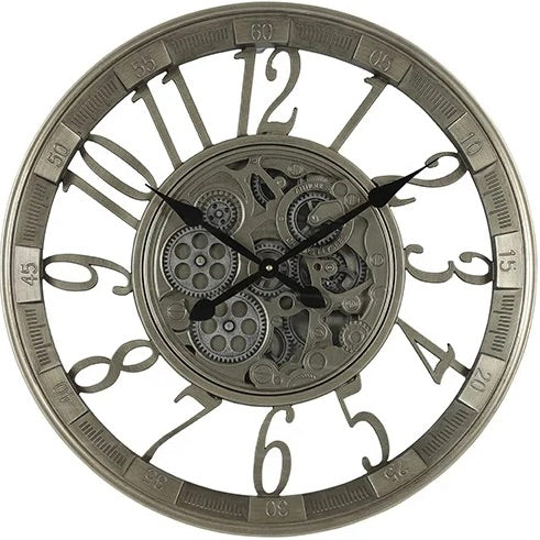 Wanduhr Brüssel 55 cm mit Animation antik-silber messing drehende Zahnräder Industrial Zahnräder