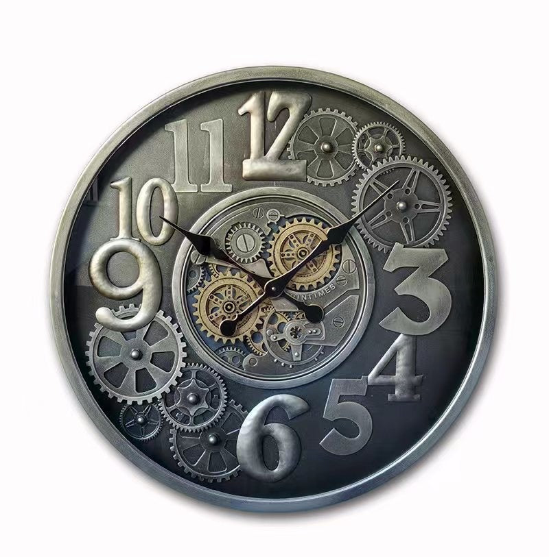 66 cm Bangkok Wanduhr grau silber gold  mit Zahnrädern