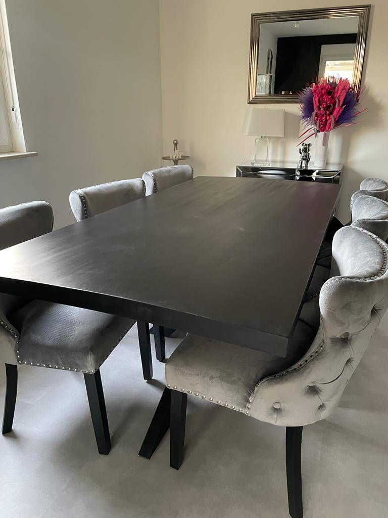 Table à manger Denber, manguier noir, 160 à 300 & 6 cm avec piètement araignée