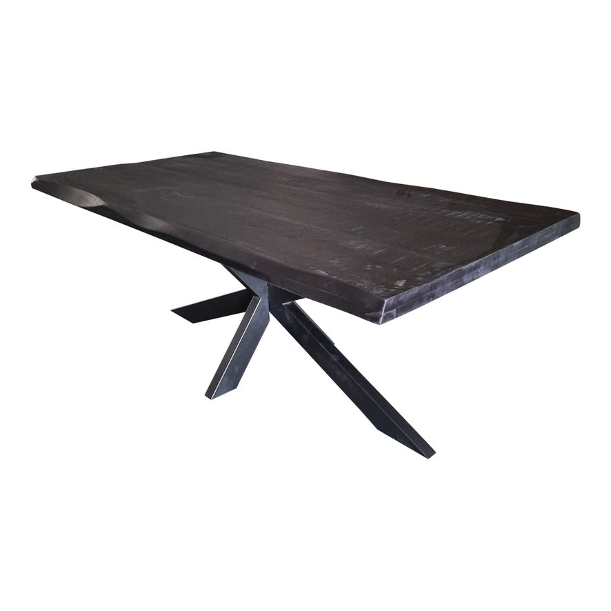 Baumkante Esstisch Bosto schwarz Mangoholz 160 bis 300 cm in 6 cm mit Spider Gestell
