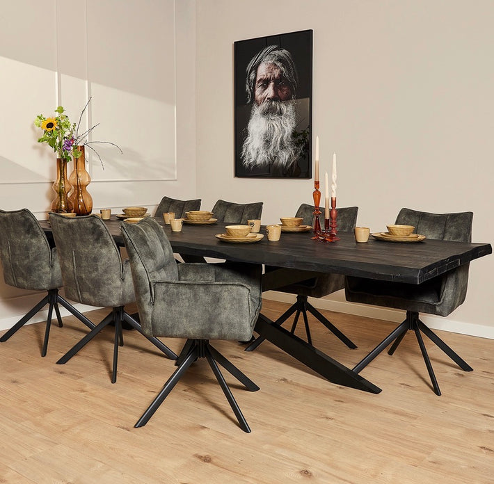 Baumkante Esstisch Bosto schwarz Mangoholz 160 bis 300 cm in 6 cm mit Spider Gestell 6