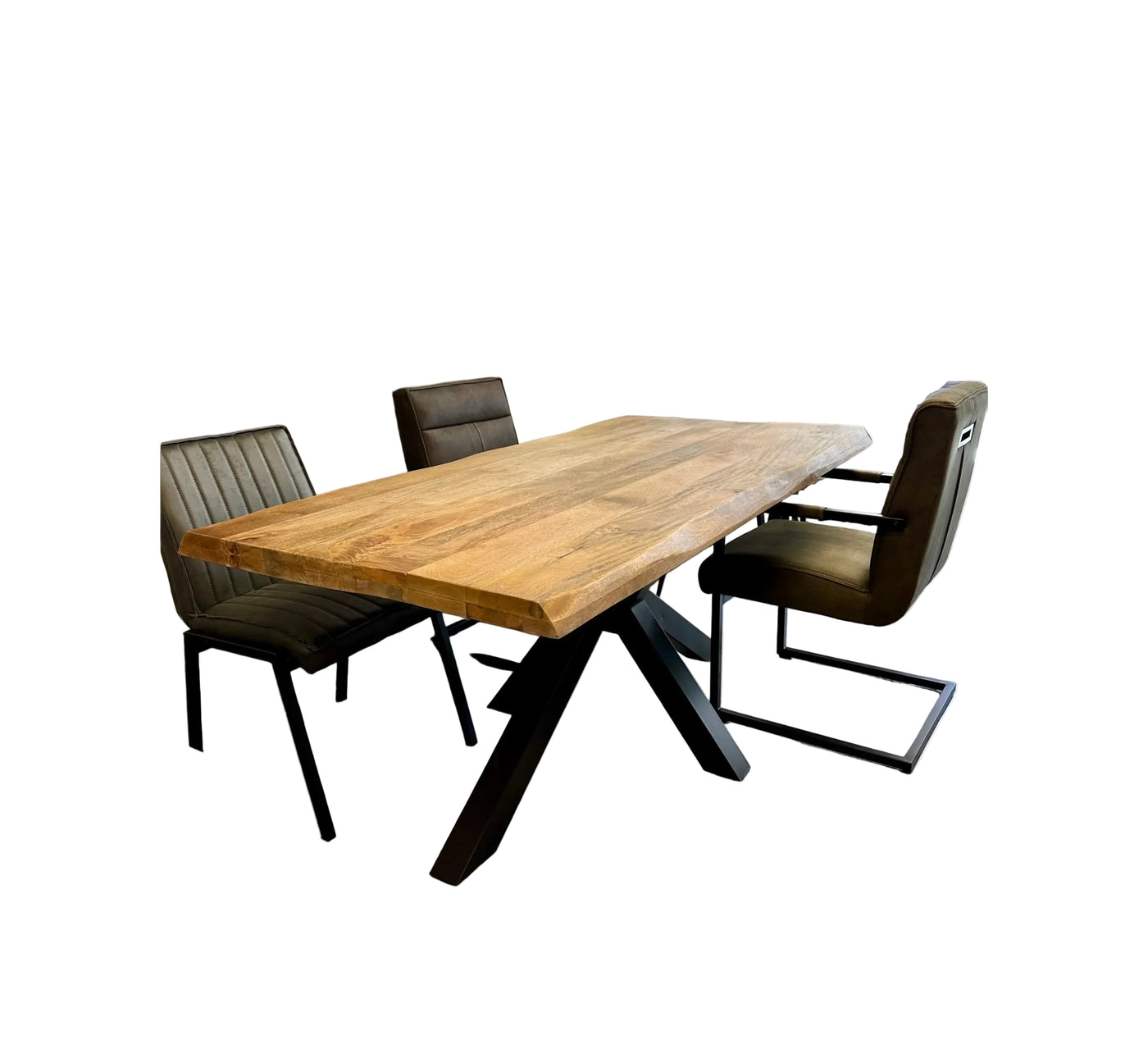 Baumkante Esstisch Bosto Mangoholz dunkel 160 bis 300 cm in 6 cm mit Spider Gestell