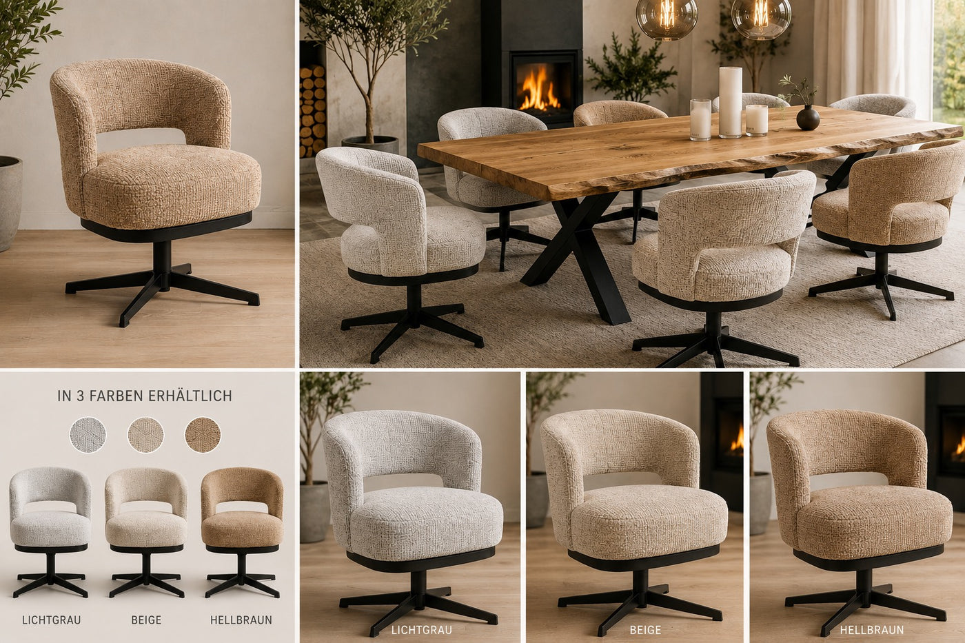 360 Grad Drehbarer Esszimmer Stuhl Brillant Webstoff in 3 Farben lichtgrau beige hellbraun