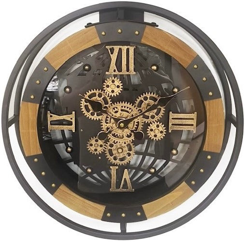 40 cm Wanduhr Kiel Mangoholz braun geölt schwarz gold Zahnrad Wand Uhr Industrial