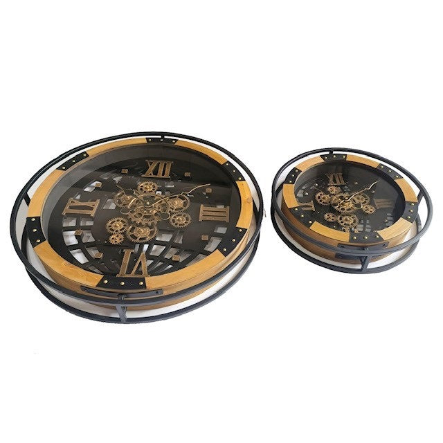 40 cm Wanduhr Kiel Mangoholz braun geölt schwarz gold Zahnrad Wand Uhr Industrial