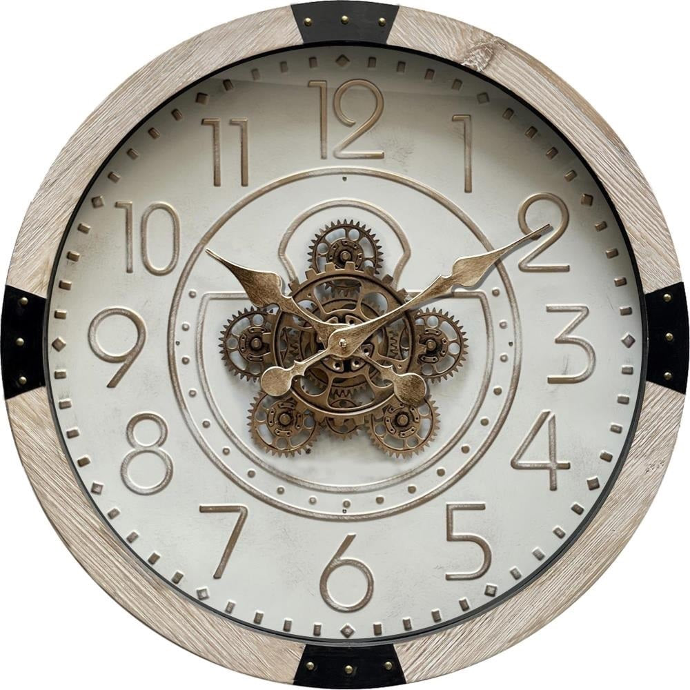 50 cm Wanduhr Essen Mangoholz weiss schwarz gold Zahnrad Wand Uhr Industrial whitewash