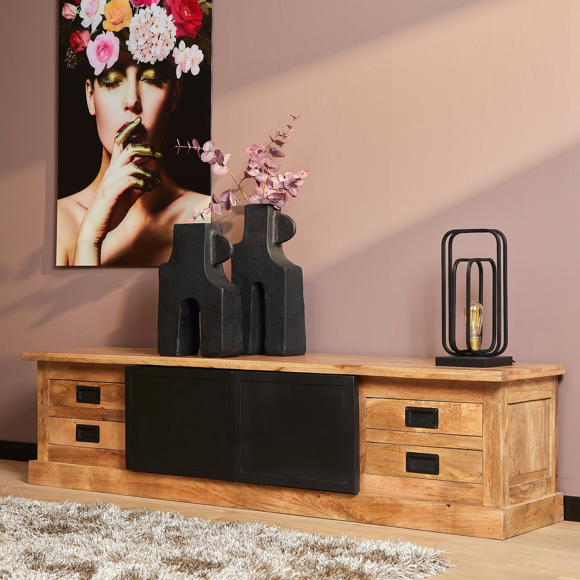 TV Lowboard Bombay Mangoholz natur massiv Industrial Style Schrank 200 cm