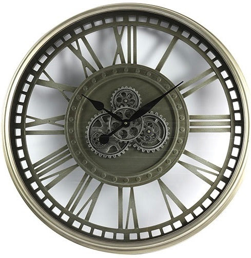Horloge murale LEVINGSTON 80 cm Rouage Engrenage Animation argent gris laiton