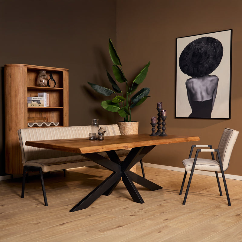 Baumkante Esstisch Bosto Mangoholz dunkel 160 bis 300 cm in 6 cm mit Spider Gestell