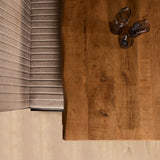 Baumkante Esstisch Bosto Mangoholz dunkel 160 bis 300 cm in 6 cm mit Spider Gestell