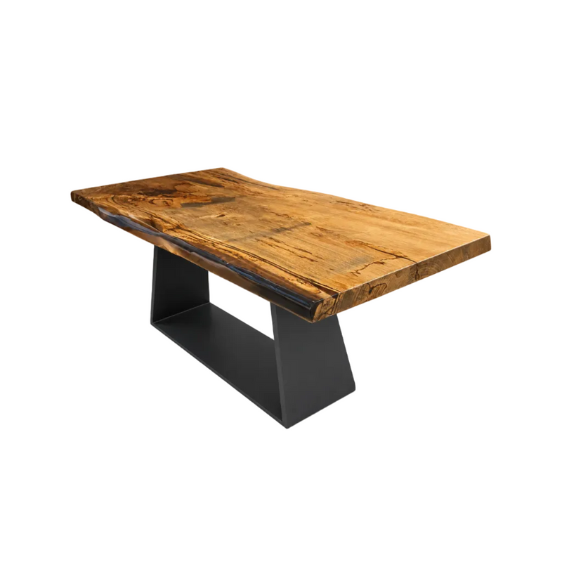 Table à manger en bois massif de peuplier de 200 cm avec plateau en résine époxy et pieds en V en acier brut