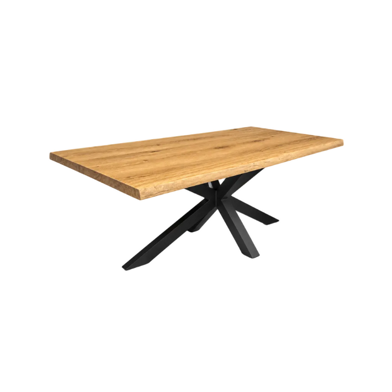 Table à manger Düsseldorf Chêne massif 160 à 240, plateau de 3 cm d'épaisseur, bois huilé, avec piètement araignée en métal noir, 5 tailles