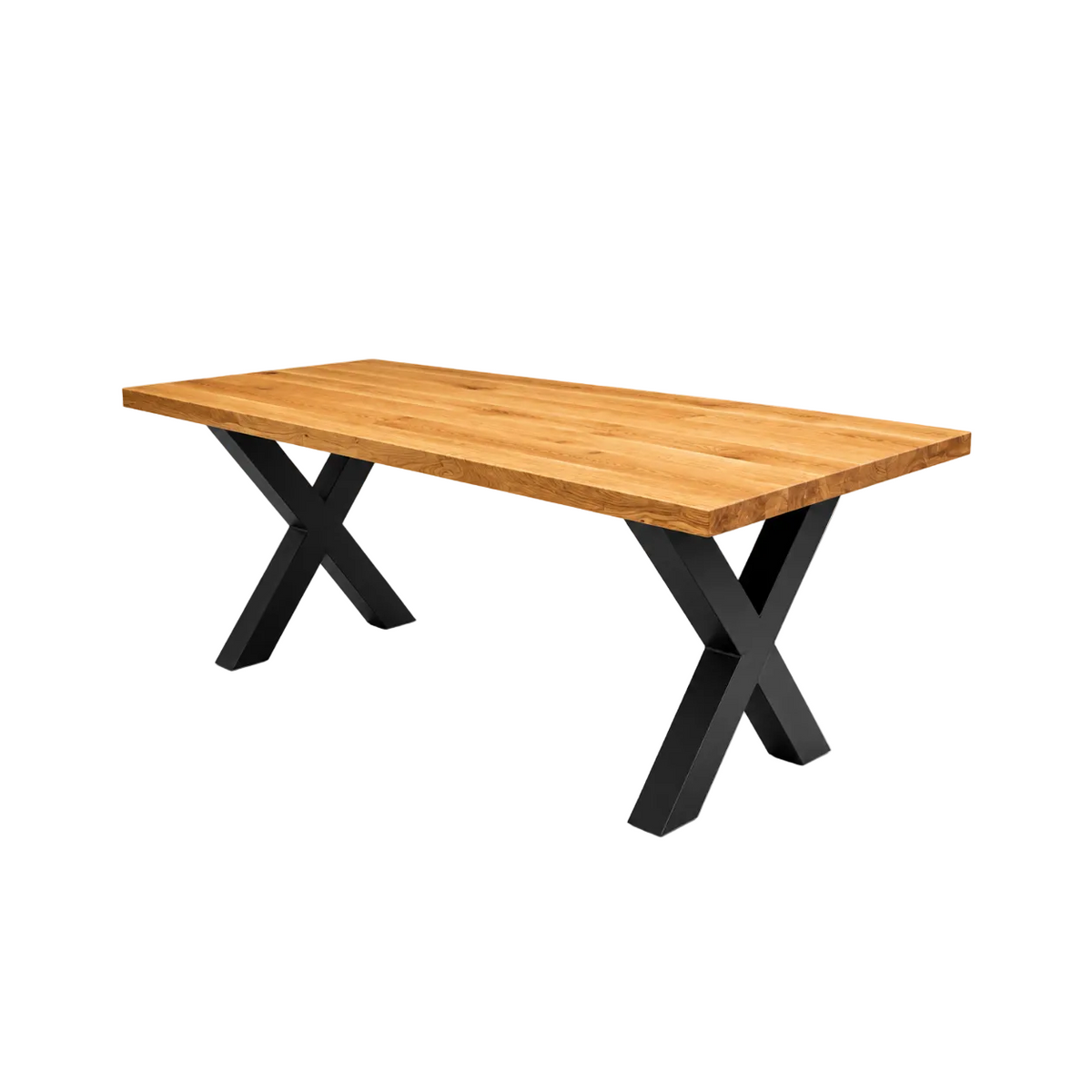 Esstisch Hamburg Eiche massiv 200 bis 300 in 4 cm Dicke Holz geölt mit X Metall Gestell schwarz 6 Größen