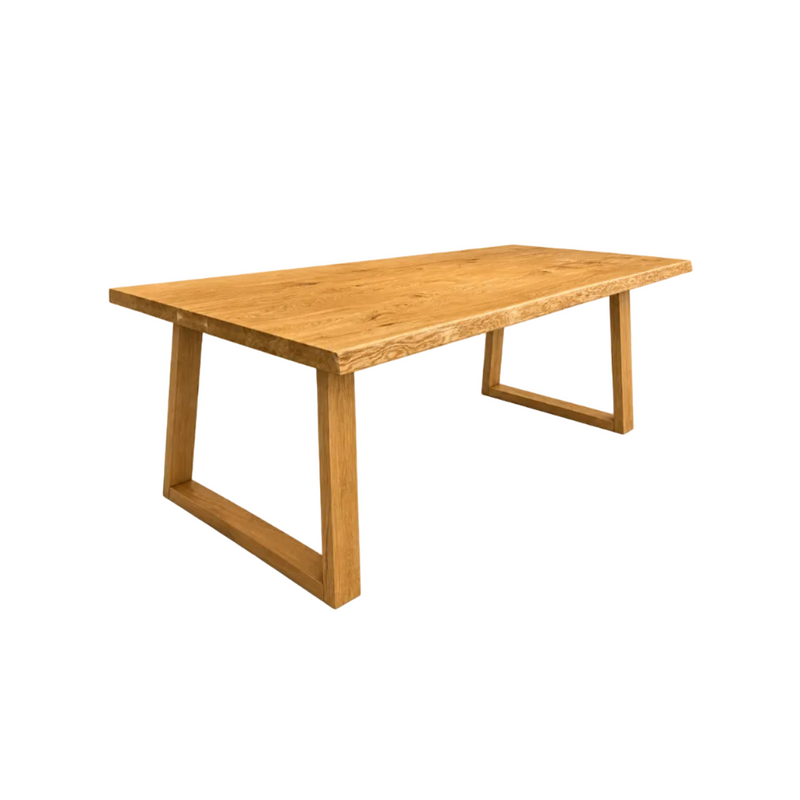 Table à manger Olpe chêne massif 180 à 300 cm d'épaisseur 4,5 cm bois huilé avec piètement trapèze 8 dimensions