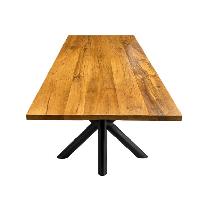 Esstisch Riga Alteiche massiv 180 cm in 4 cm Dicke Holz Lack mit Spider Metall Gestell schwarz Einzelstück