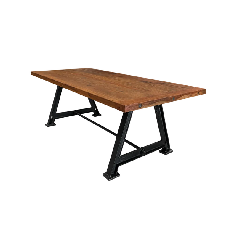 Table à manger en bois recyclé Rome 180 / 200 / 240 cm teinte foncée bois massif avec piètement en fonte noir