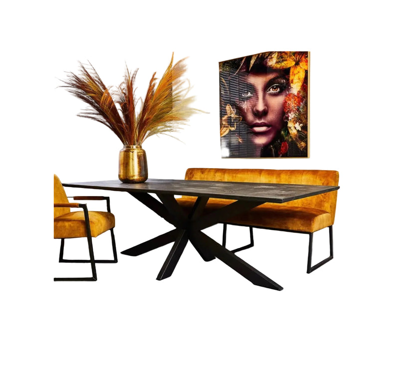 Table à manger York en manguier noir, bord suisse, avec piètement araignée, 4 tailles