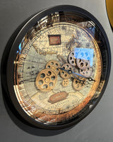 Landkarte Vintage Wanduhr 46 cm rund schwarz Chrom Zahnrad animiert