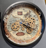 Landkarte Vintage Wanduhr 46 cm rund schwarz Chrom Zahnrad animiert