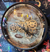 Landkarte Vintage Wanduhr 60 cm rund schwarz Chrom Zahnrad animiert