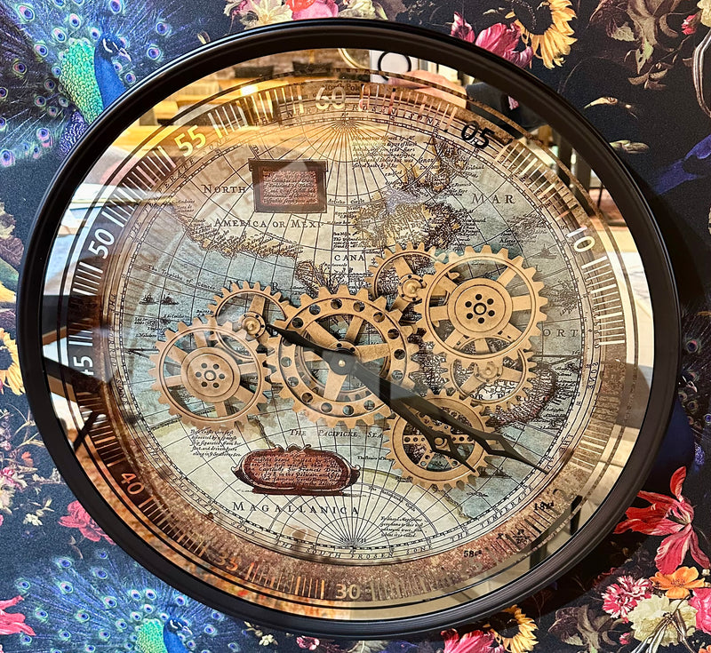 Landkarte Vintage Wanduhr 60 cm rund schwarz Chrom Zahnrad animiert