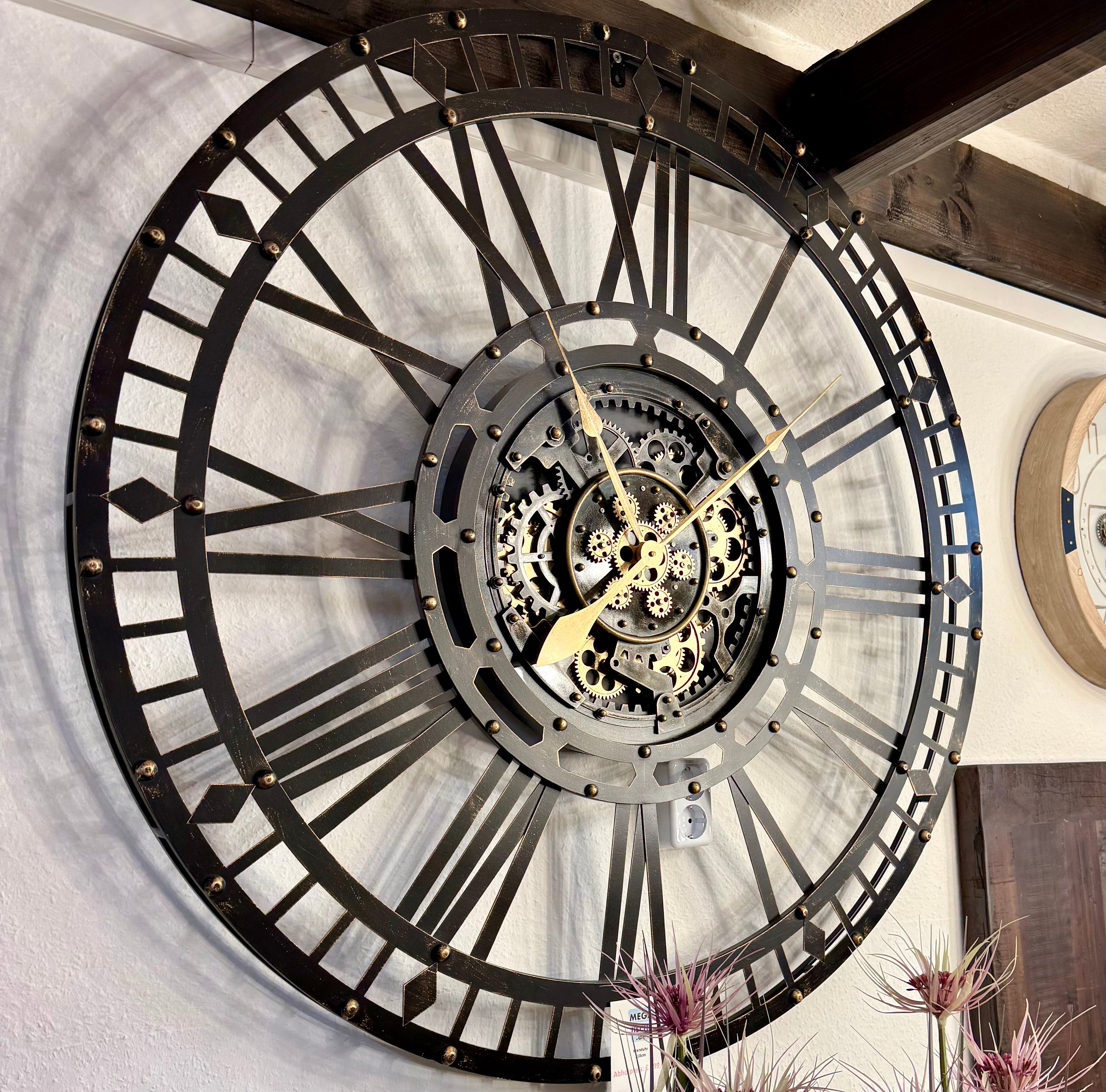 110 cm Aachen XXL Wanduhr mit Zahnrädern Metall gold schwarz Industrial