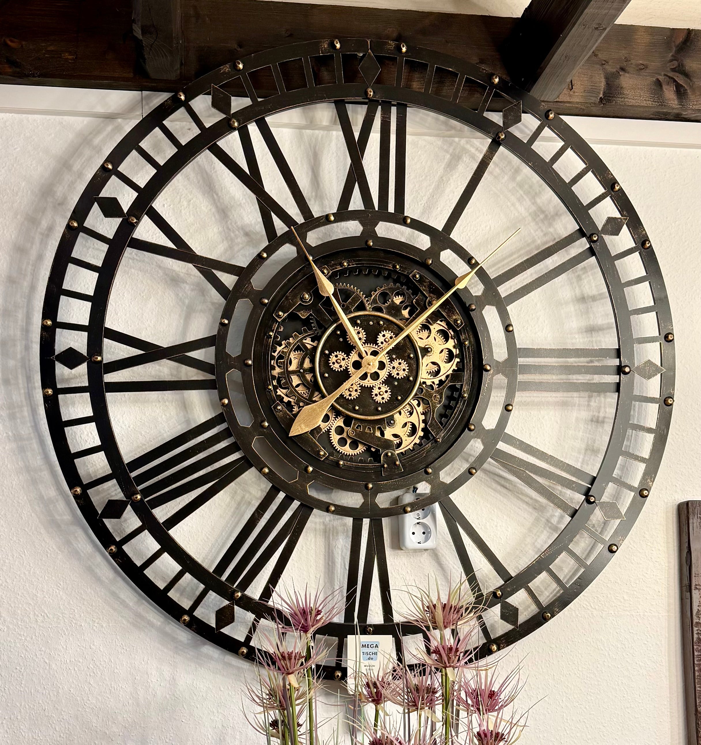 110 cm Aachen XXL Wanduhr mit Zahnrädern Metall gold schwarz Industrial