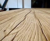 Esstisch Kempen Alteiche massiv 250 cm in 4 cm Dicke Holz mit X Metall Gestell schwarz Einzelstück