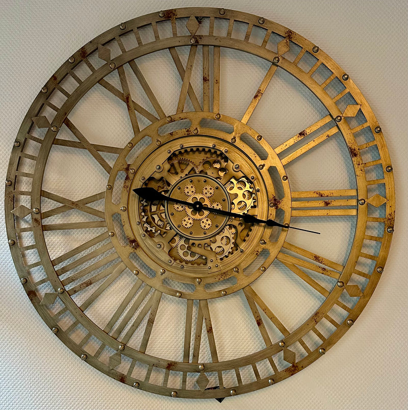 110 cm Finn XXL Wanduhr mit Zahnrädern Metall silber grau Industrial