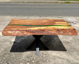 Epoxidharz River Couchtisch Halver Eiche massiv 95 cm geölt mit Spider Metall Gestell schwarz