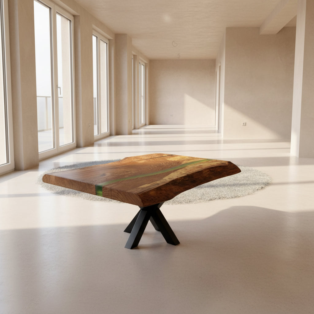 Epoxidharz River Couchtisch Halver Eiche massiv 95 cm geölt mit Spider Metall Gestell schwarz