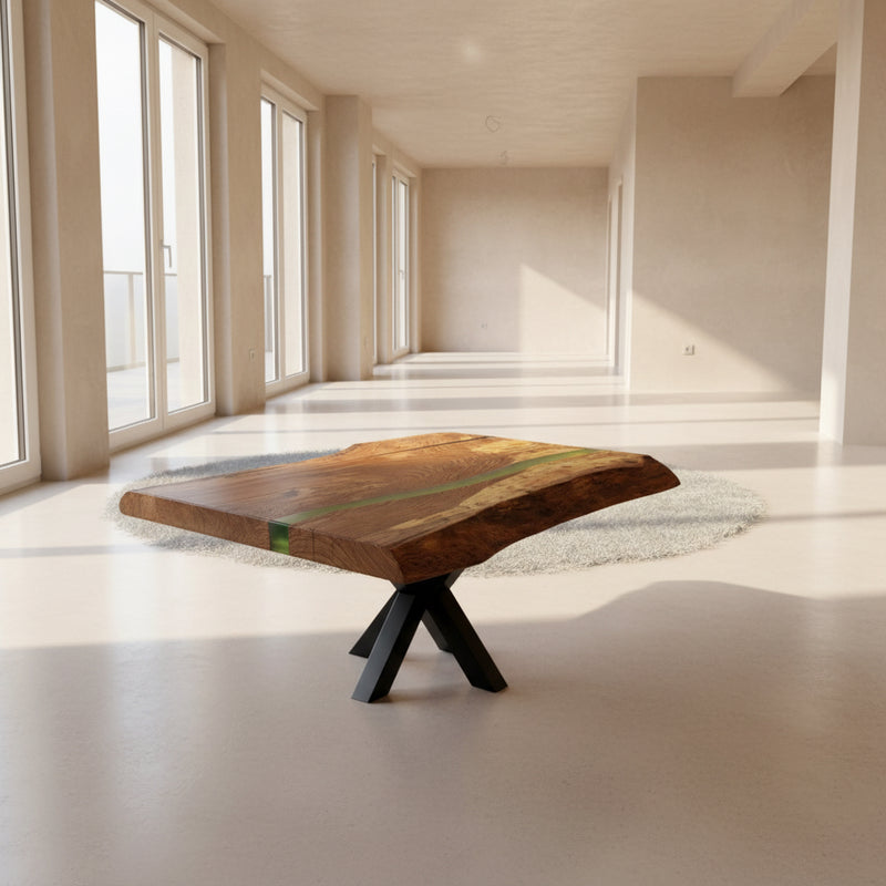 Epoxidharz River Couchtisch Halver Eiche massiv 95 cm geölt mit Spider Metall Gestell schwarz