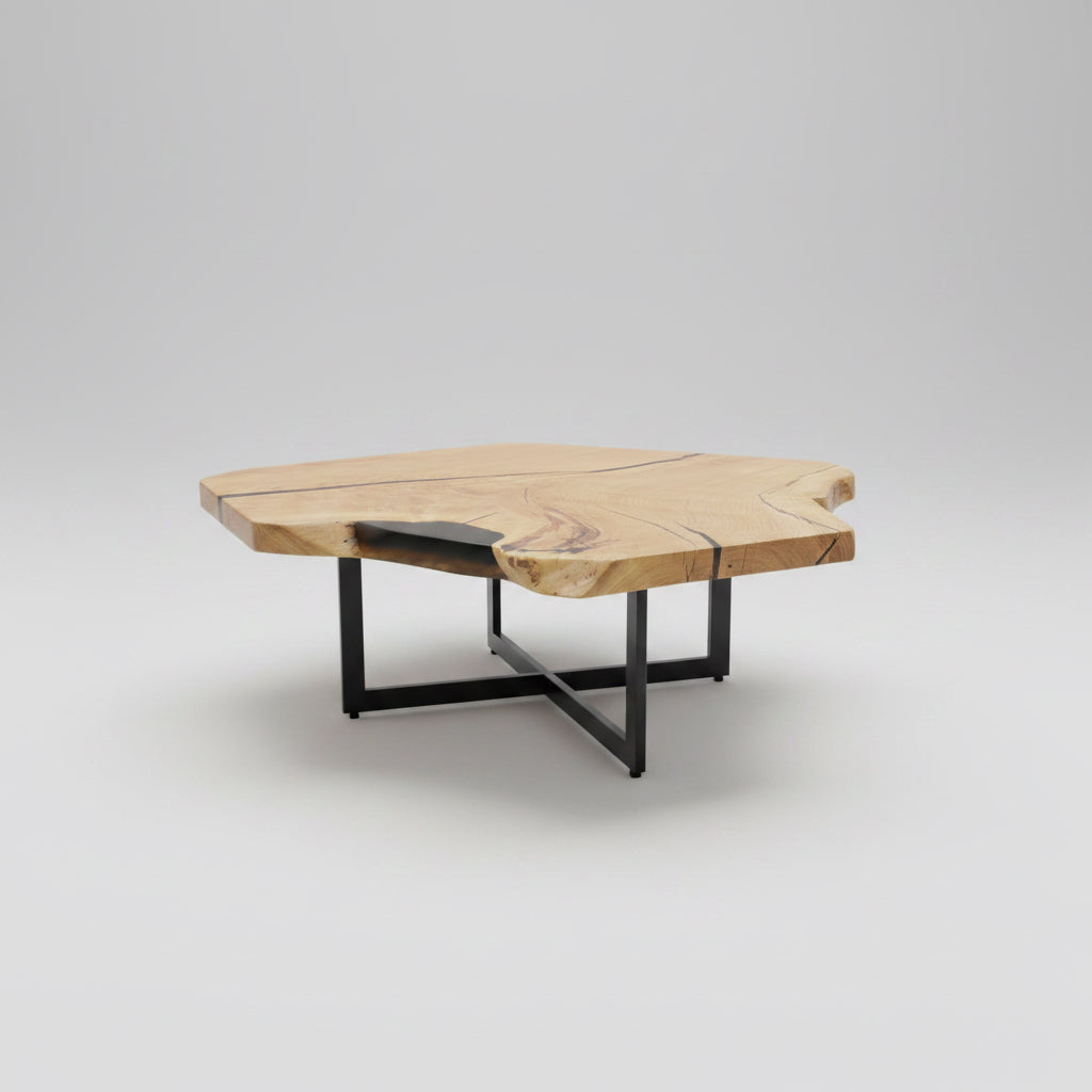 Epoxidharz Couchtisch Viersen Eiche massiv 104 cm geölt mit Dreifuss Metall Gestell schwarz