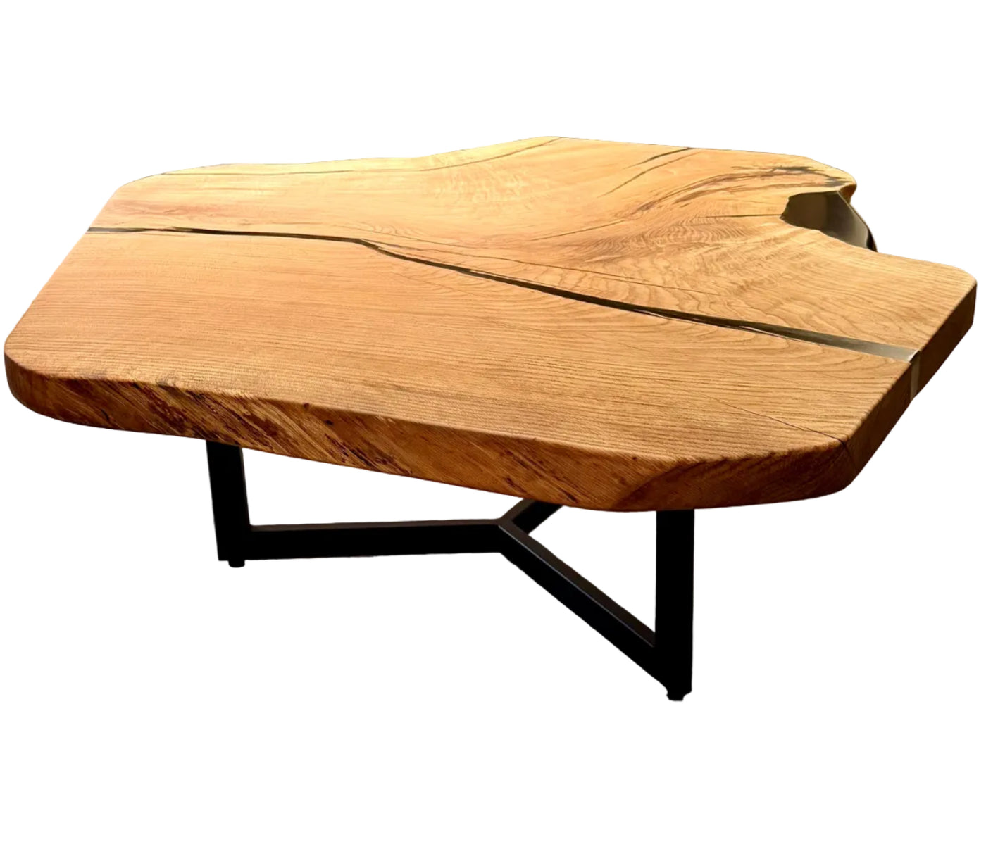 Epoxidharz Couchtisch Viersen Eiche massiv 104 cm geölt mit Dreifuss Metall Gestell schwarz