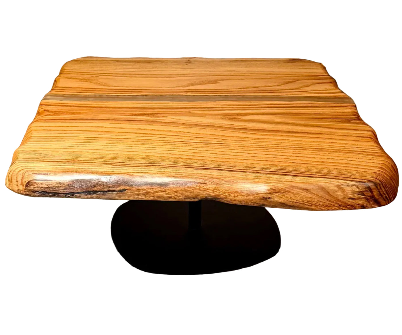 Epoxidharz River Couchtisch Nettetal Eiche massiv 87 cm geölt mit Metall Gestell schwarz
