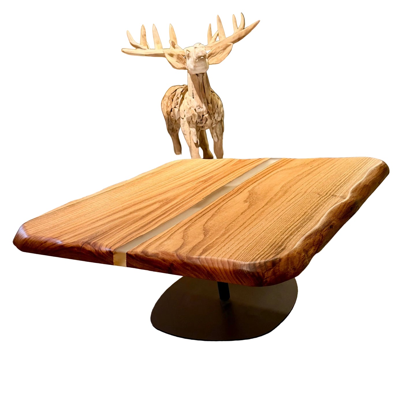 Epoxidharz River Couchtisch Nettetal Eiche massiv 87 cm geölt mit Metall Gestell schwarz