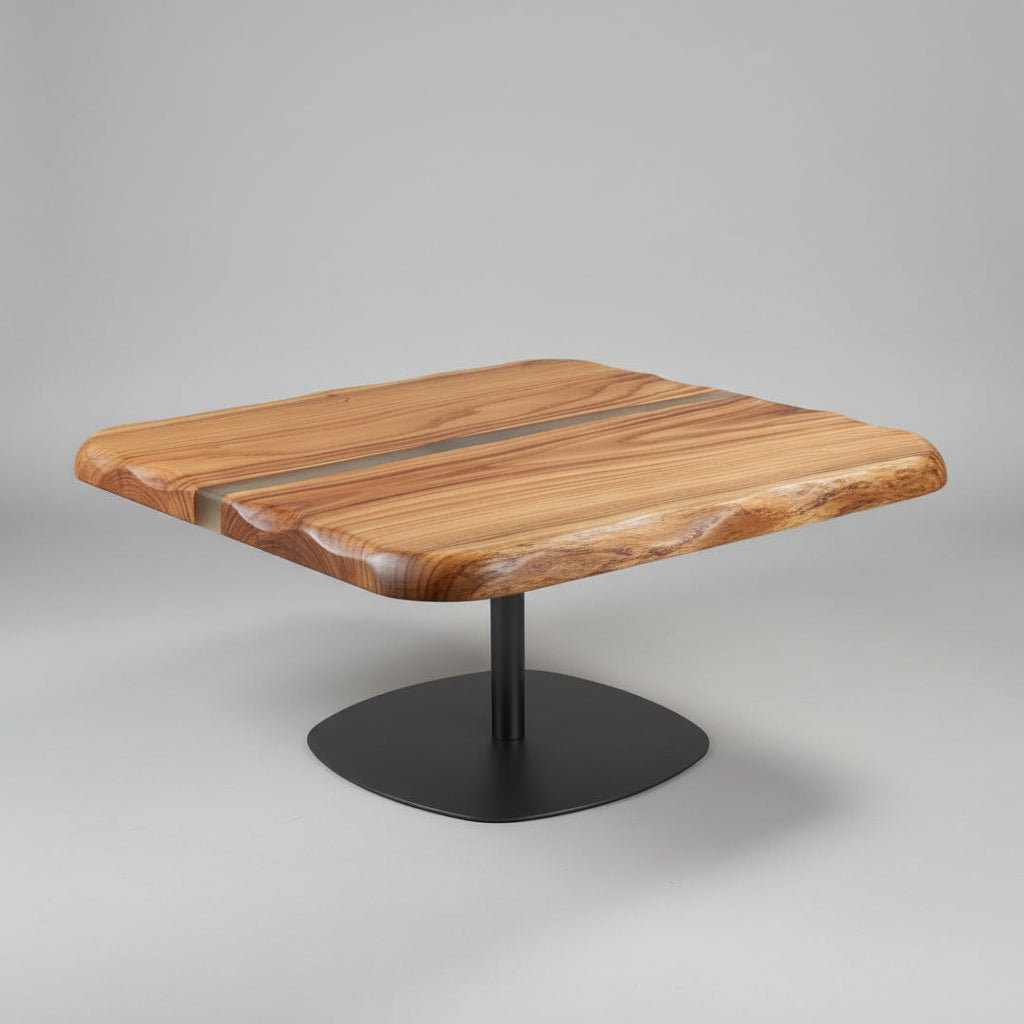 Epoxidharz River Couchtisch Nettetal Eiche massiv 87 cm geölt mit Metall Gestell schwarz