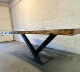 Table tronc d'arbre teck Guyana 240 et 6 cm massif avec piètement en V