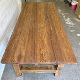 Table à manger chêne rustique 220 cm avec piètement en bois, ensemble brun-noir