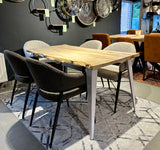 Pièce unique Table de salle à manger à bord naturel Bro en érable verni 140 cm avec pieds en set blanc