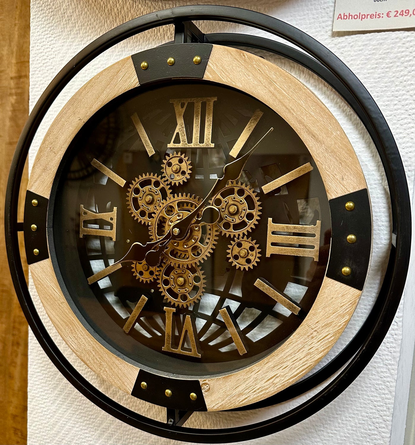 40 cm Wanduhr Kiel Mangoholz weiss geölt schwarz gold Zahnrad Wand Uhr Industrial