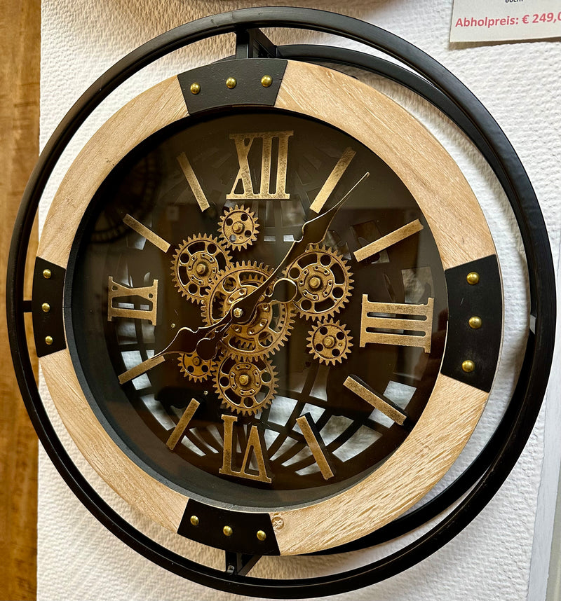 40 cm Wanduhr Kiel Mangoholz weiss geölt schwarz gold Zahnrad Wand Uhr Industrial