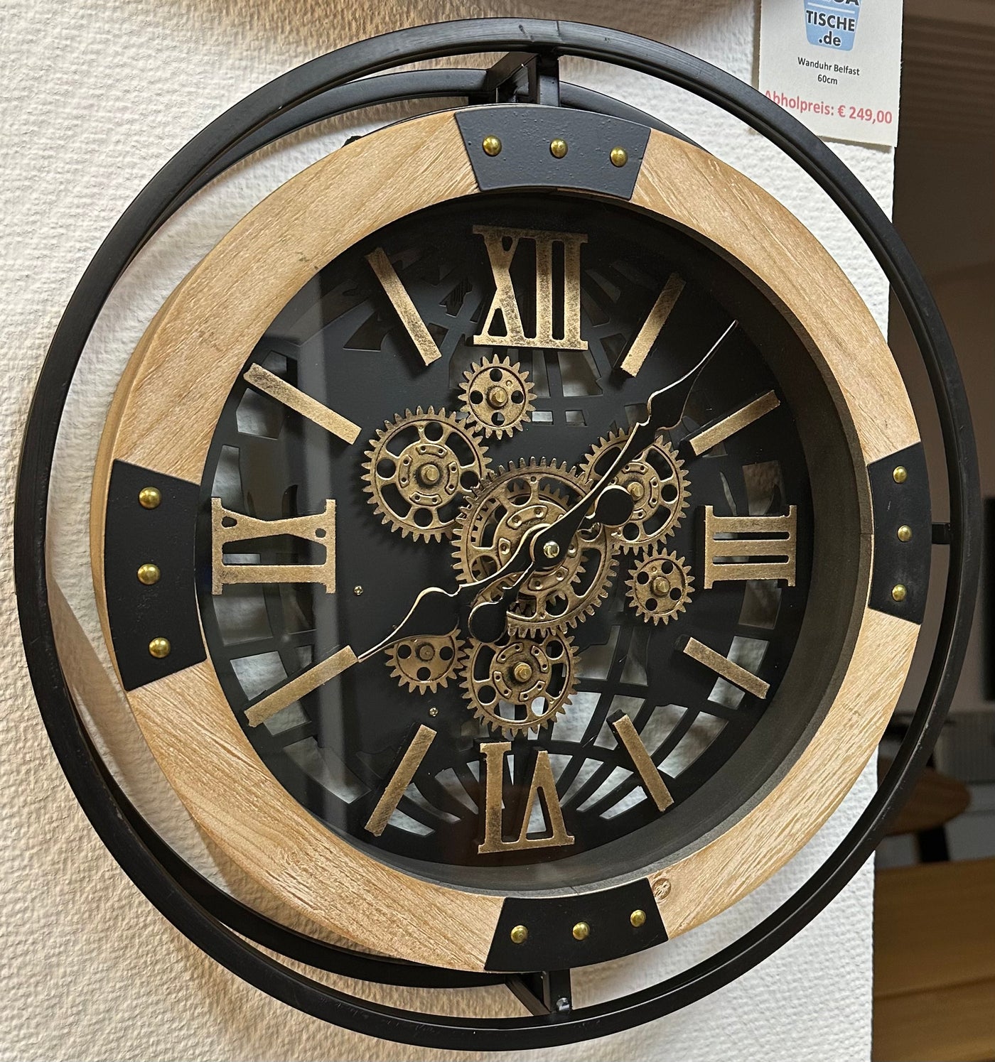 40 cm Wanduhr Kiel Mangoholz weiss geölt schwarz gold Zahnrad Wand Uhr Industrial