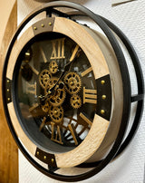 40 cm Wanduhr Kiel Mangoholz weiss geölt schwarz gold Zahnrad Wand Uhr Industrial